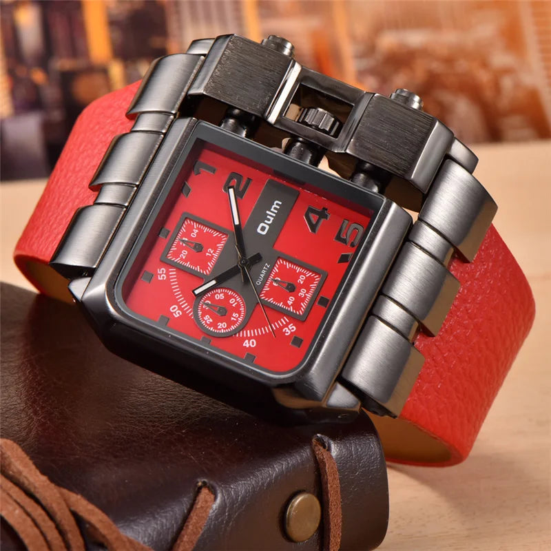 Unique Design Square Men's Wristwatch with Wide Dial and Leather Strap