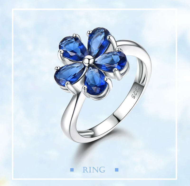 925 Sterling Silver Blue Sapphire Flower Ring for Women