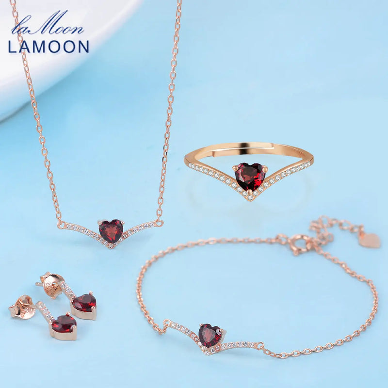 Sterling Silver 925 Red Garnet Heart Pendant Necklace Set For Women