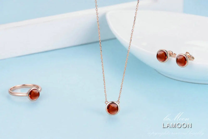 Sterling Silver 6mm 1.2ct Garnet Necklace Set for Women