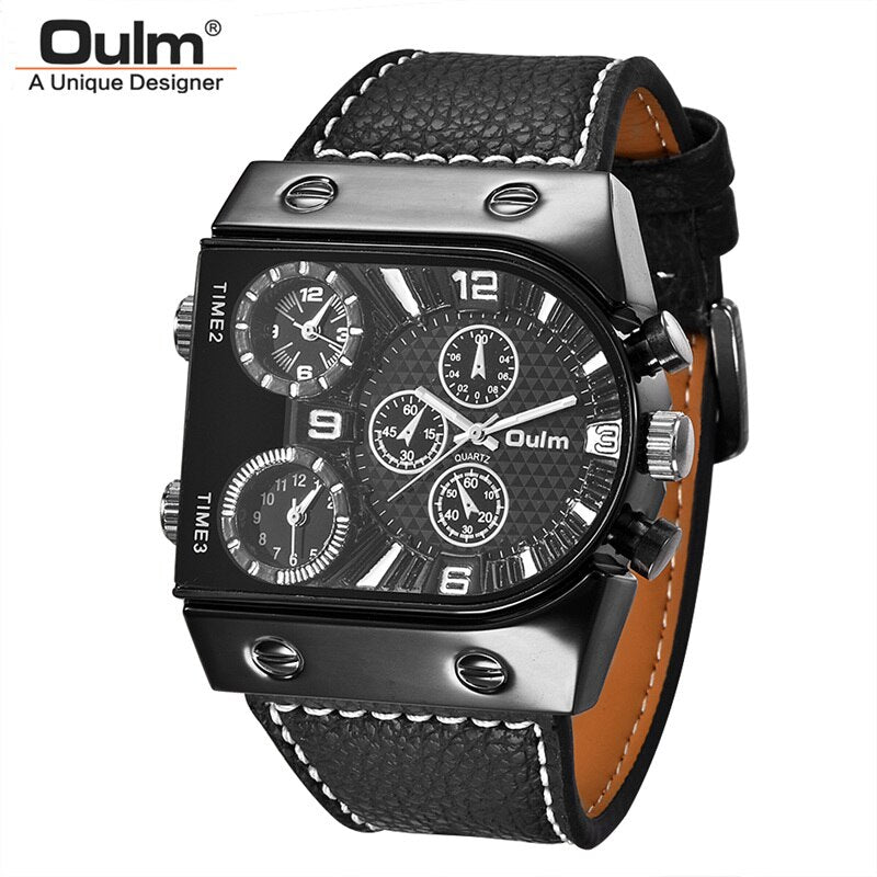 Leather Big Size Three Time Zone Outdoor Sports Watch for Men