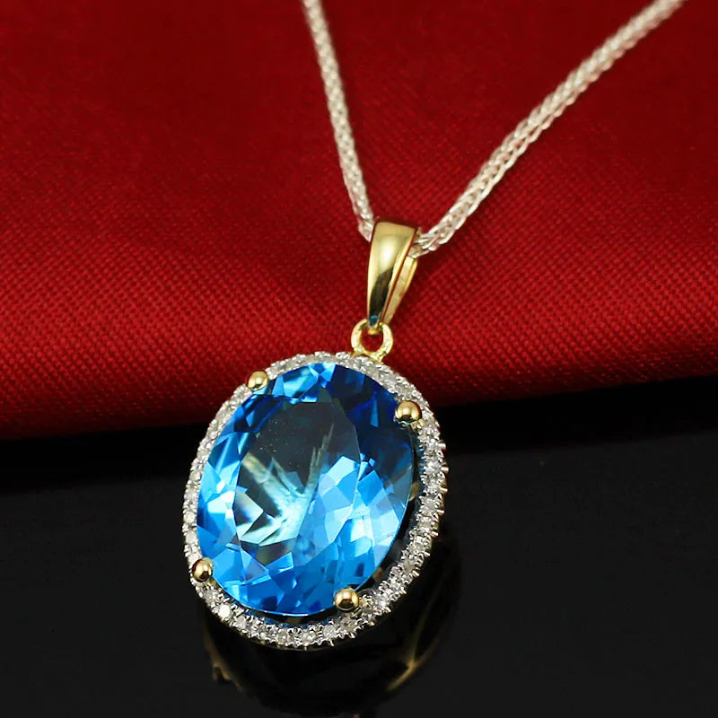 18K Yellow Gold Blue Topaz Diamond Pendant for Women