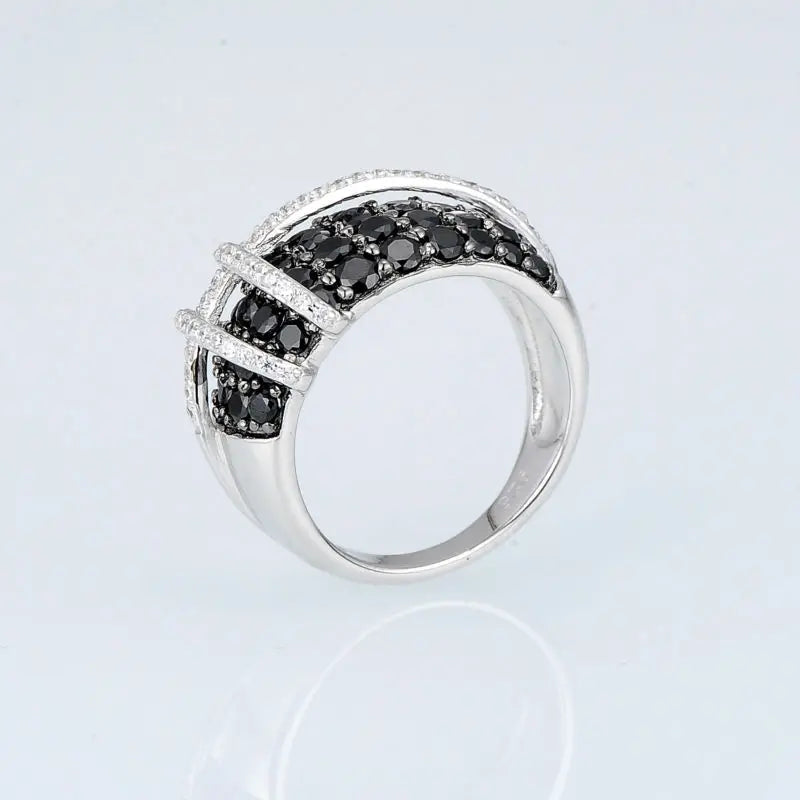 925 Sterling Silver Ring with + Cubic Zirconia and Black Stones for Women