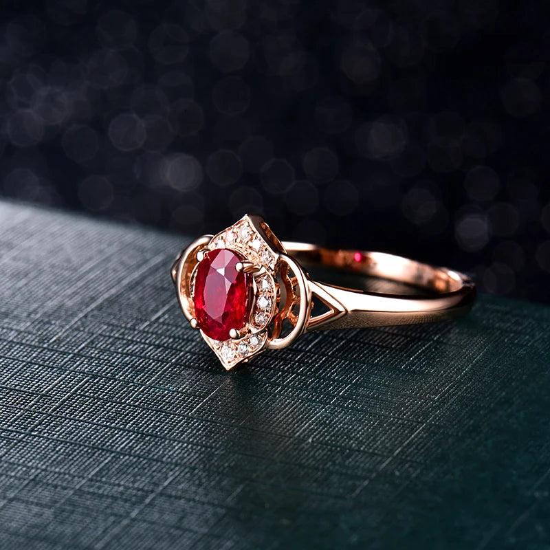 14K Rose Gold Ruby and Diamond Oval Ring for Women