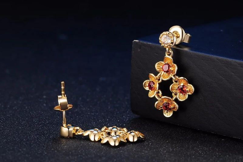 Sterling Silver Flower Garnet Jewelry Set for Women