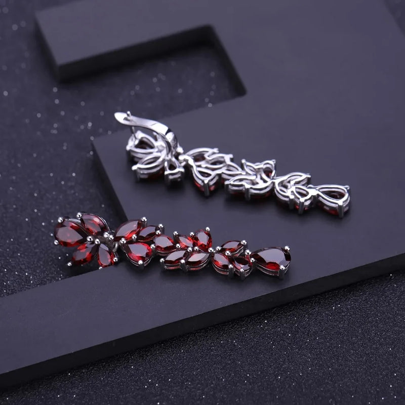 925 Sterling Silver Natural Garnet Leaves Branches Earrings for Women