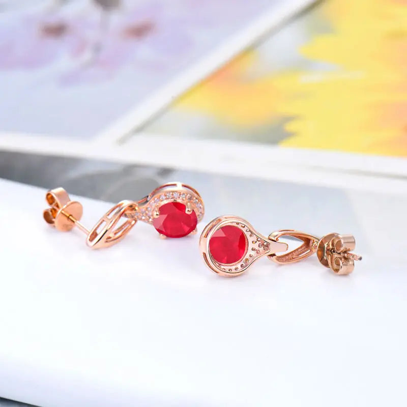 18K Rose Gold Ruby Earrings with Diamond Accents for Women