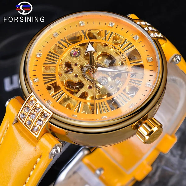 Yellow Gold Genuine Leather Ladies Skeleton Mechanical Wristwatch