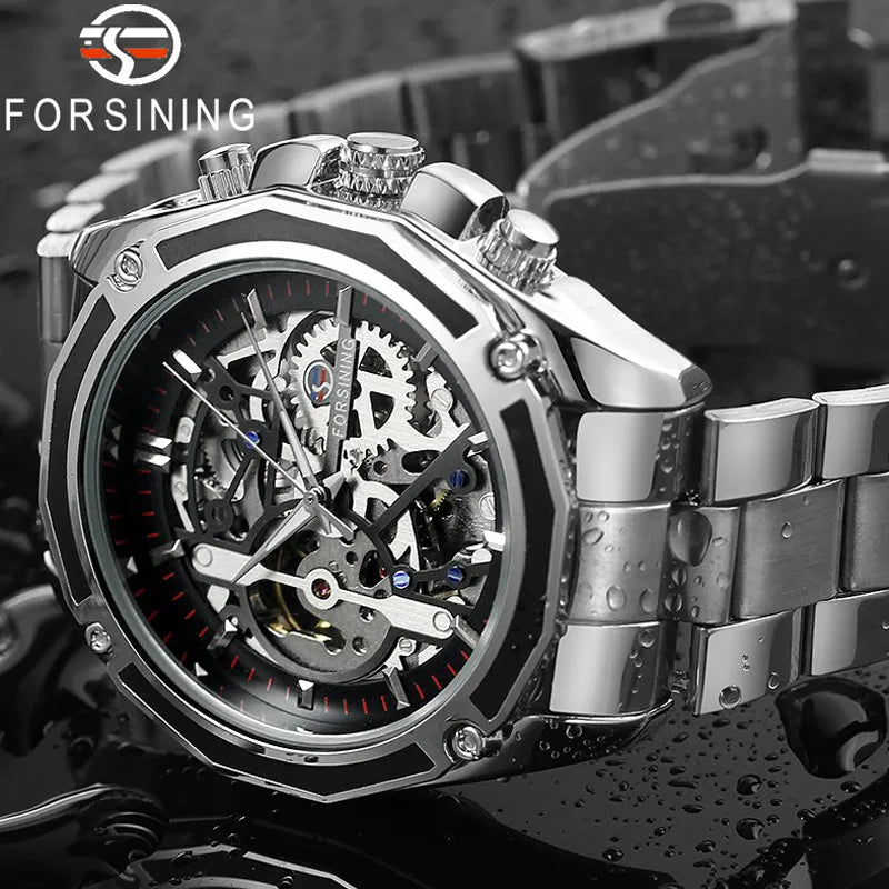 Stainless Steel Skeleton Automatic Mechanical Watch for Men