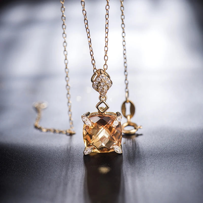 18K Yellow Gold Cushion Citrine Pendant Necklace for Women