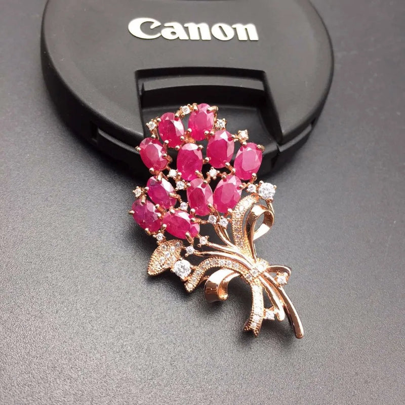 925 Silver Dual-Use Ruby Brooch, with Precious Natural Ruby Stone, Size can be Used as a Pendant