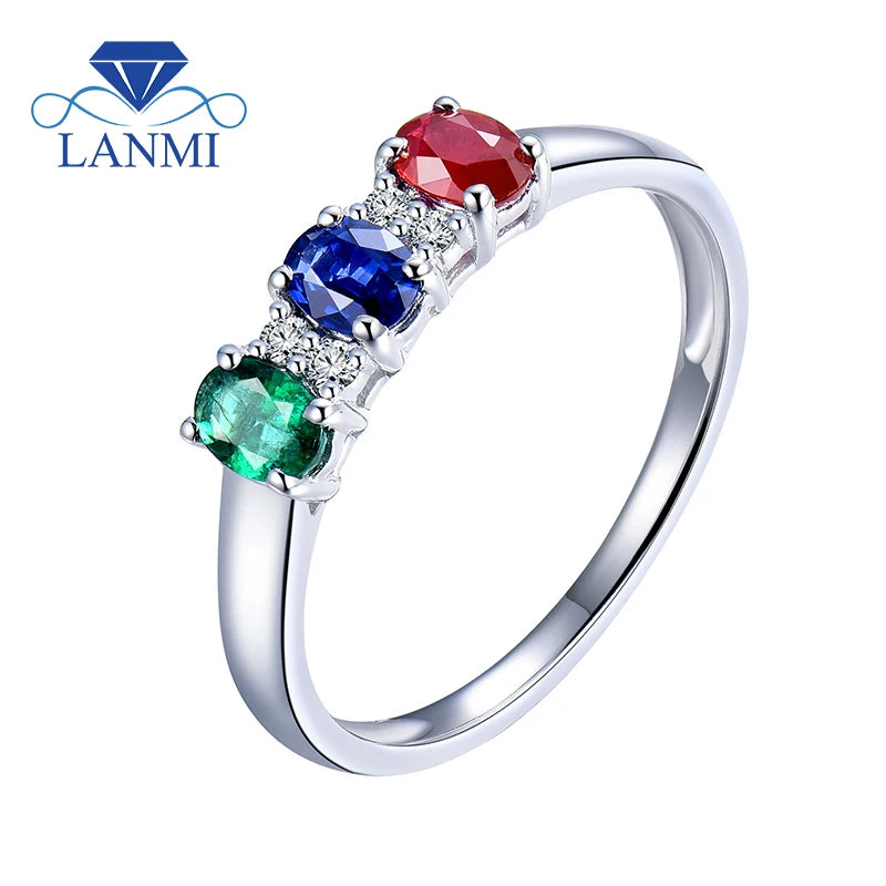 14K White Gold Sapphire, Ruby, Emerald & Diamond Ring for Women