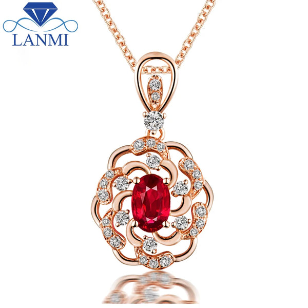 14K Rose Gold Red Ruby and Diamond Pendant Necklace for Women