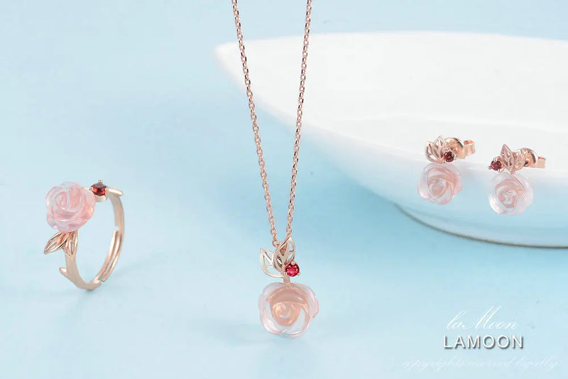 Sterling Silver Rose Quartz Flower Rose Jewelry Set for Women