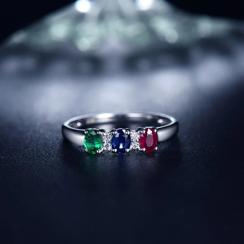 14K White Gold Sapphire, Ruby, Emerald & Diamond Ring for Women