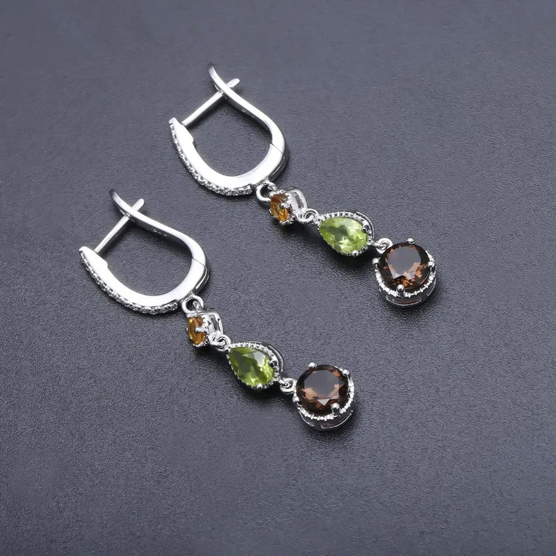 925 Sterling Silver Citrine Peridot Smoky Quartz Drop Earrings For Women