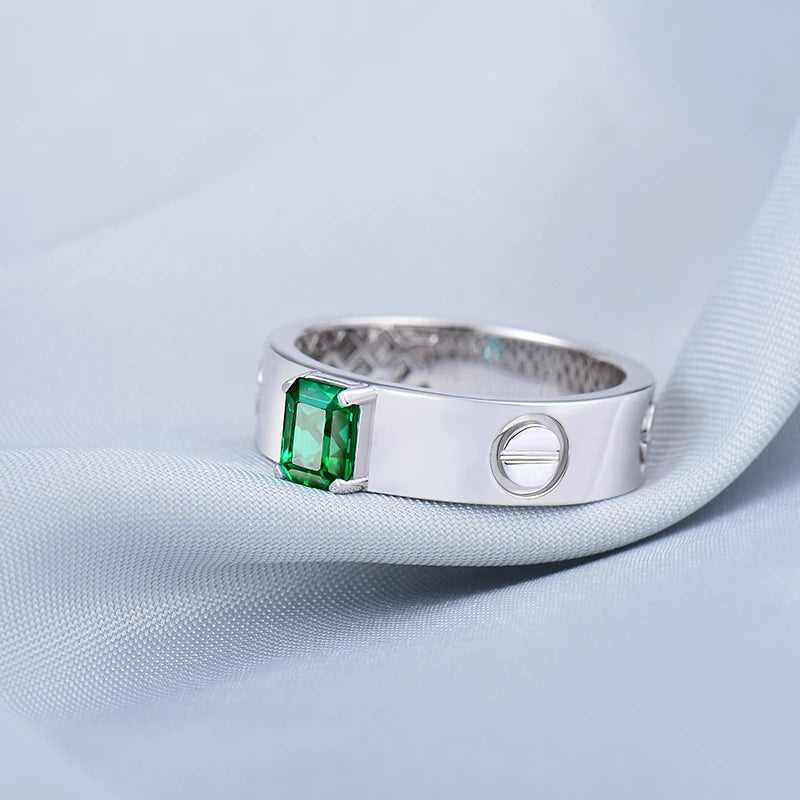 Solid 14K White Gold Green Colombian Emerald Diamond Ring for Men