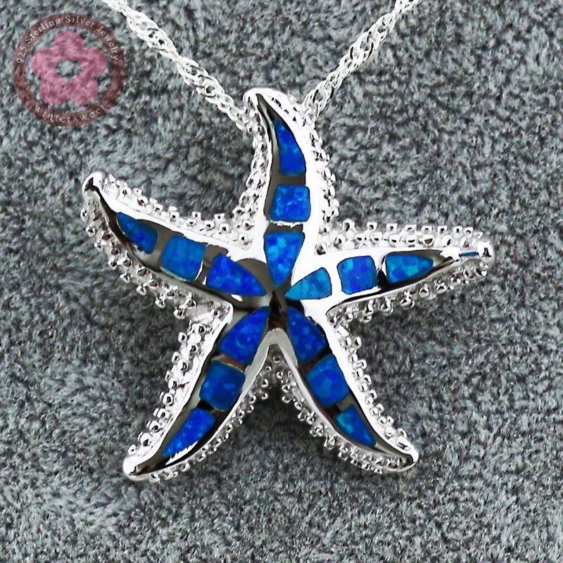 Sterling Silver Blue Opal Gemstone Sea Star Pendant for Women & Men