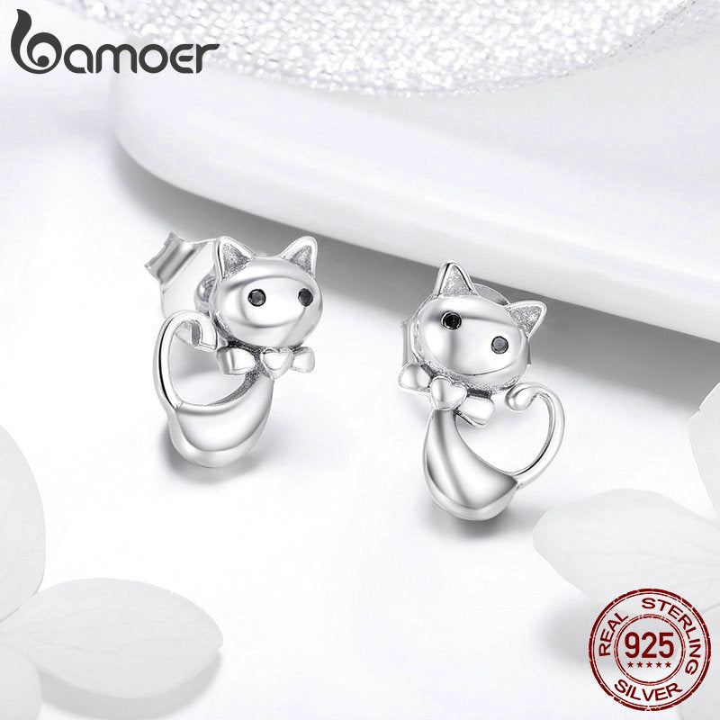 925 Sterling Silver Sticky Cat Animal Stud Earrings for Women