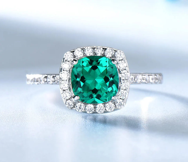 Sterling Silver Nano Emerald Cushion Zircon Ring for Women