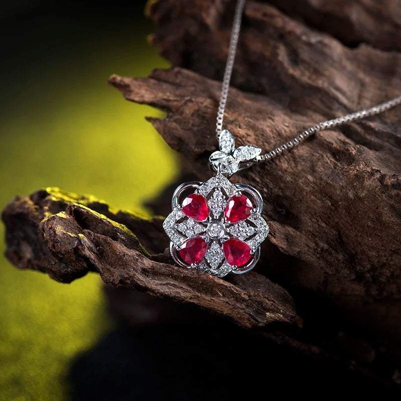 18Kt White Gold Red Ruby Diamond Pear Cut Pendant for Women