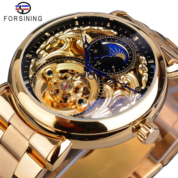 Golden Steel Skeleton Automatic Mechanical Moon Phase Watch for Men