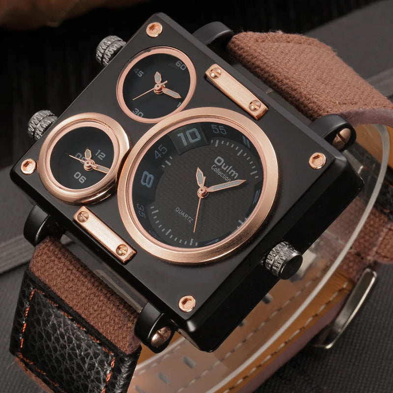 Luxury Designer Square-Face Watch with Three Time Zones for Men