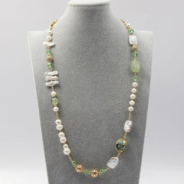 Gold Plated Natural White Pearl & Green Amazonite Crystal Long Necklace for Women