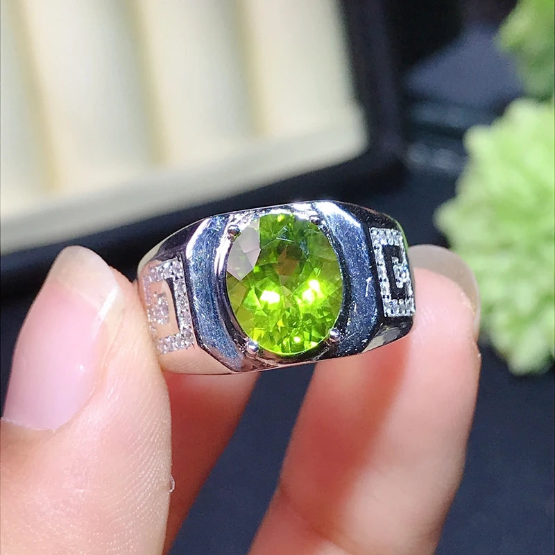 Sterling Silver Olivine Ring with Green Gemstone, size not specified, for men