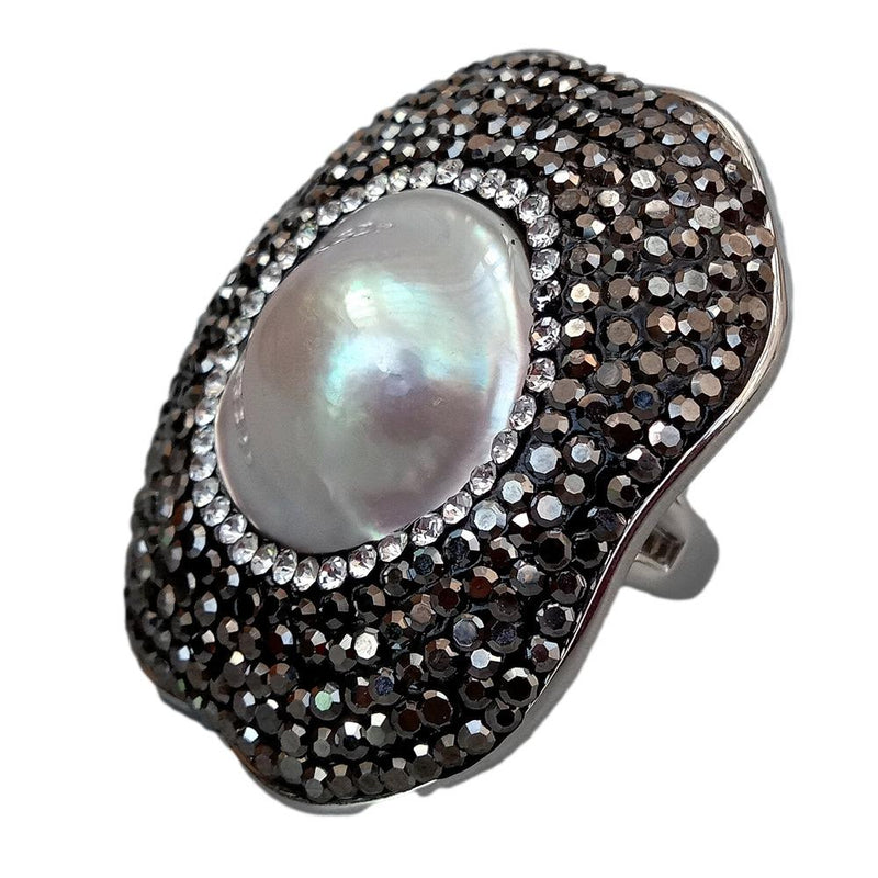 Y.YING  Natural Coin White Mabe Pearl Black Rhinestone Pave Ring Adjustable
