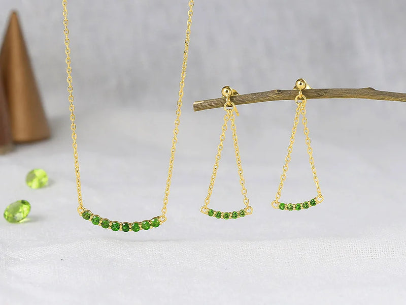 925 Silver Vingate Jewelry Set with Natural Diopside Gemstone, 14K Gold Plated for Women