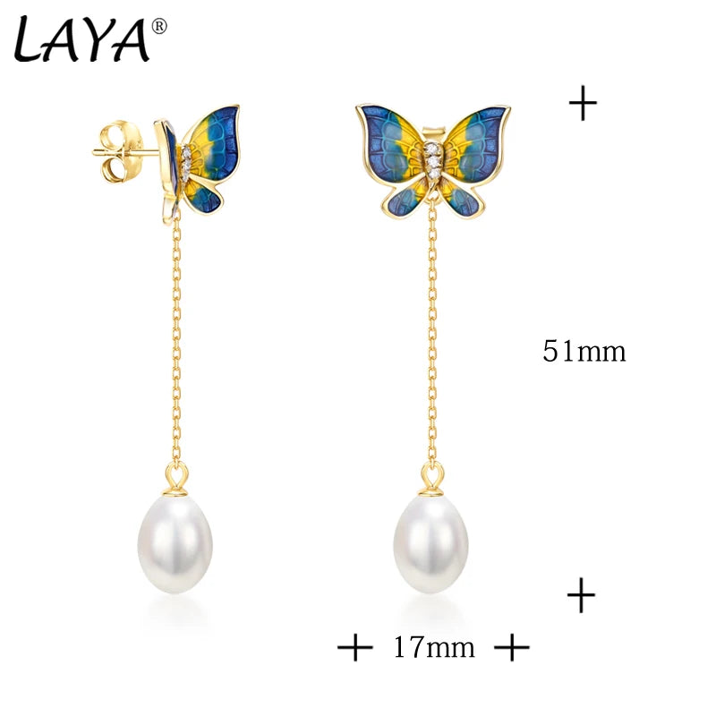 Sterling Silver Freshwater Pearl Colorful Enamel Butterfly Drop Earrings for Women