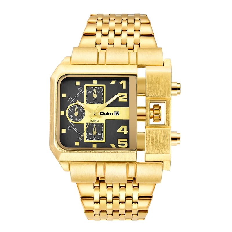 Stainless Steel Large Dial Luxury Men's Watch with Auto Date and Golden Clock.