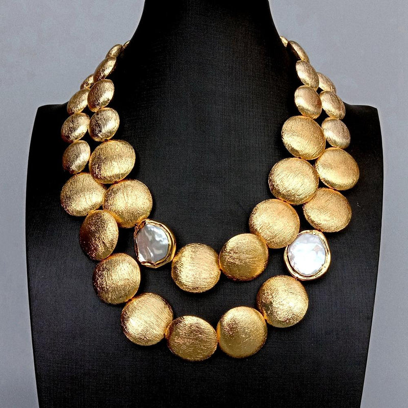 Gold Plated Cultured White Coin Pearl Necklace, 2 Rows, 18" for Women