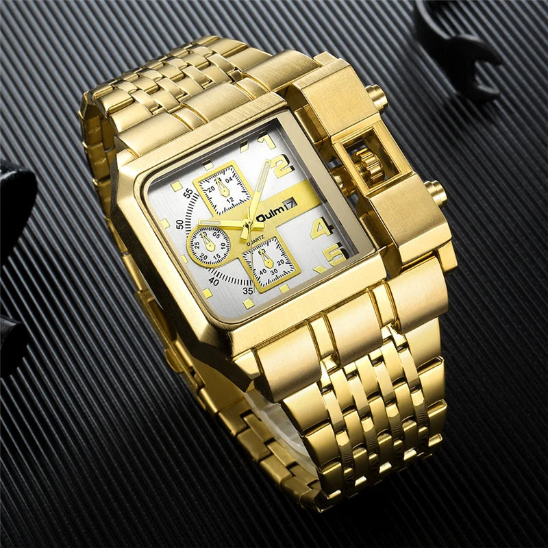 Stainless Steel Large Dial Luxury Men's Watch with Auto Date and Golden Clock.