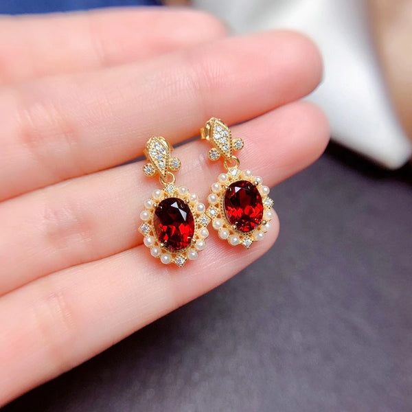 925 Sterling Silver Red Garnet Ellips Flower Jewelry Set for Women