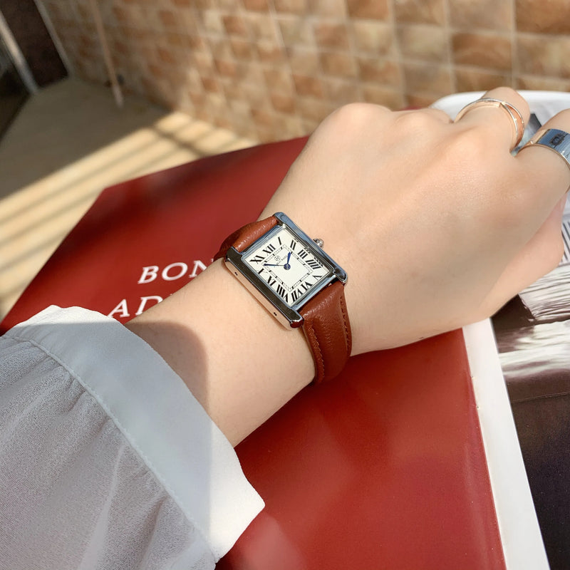 Elegant Simple Rectangle Brown Leather Women's Fashion Casual Retro Wristwatch