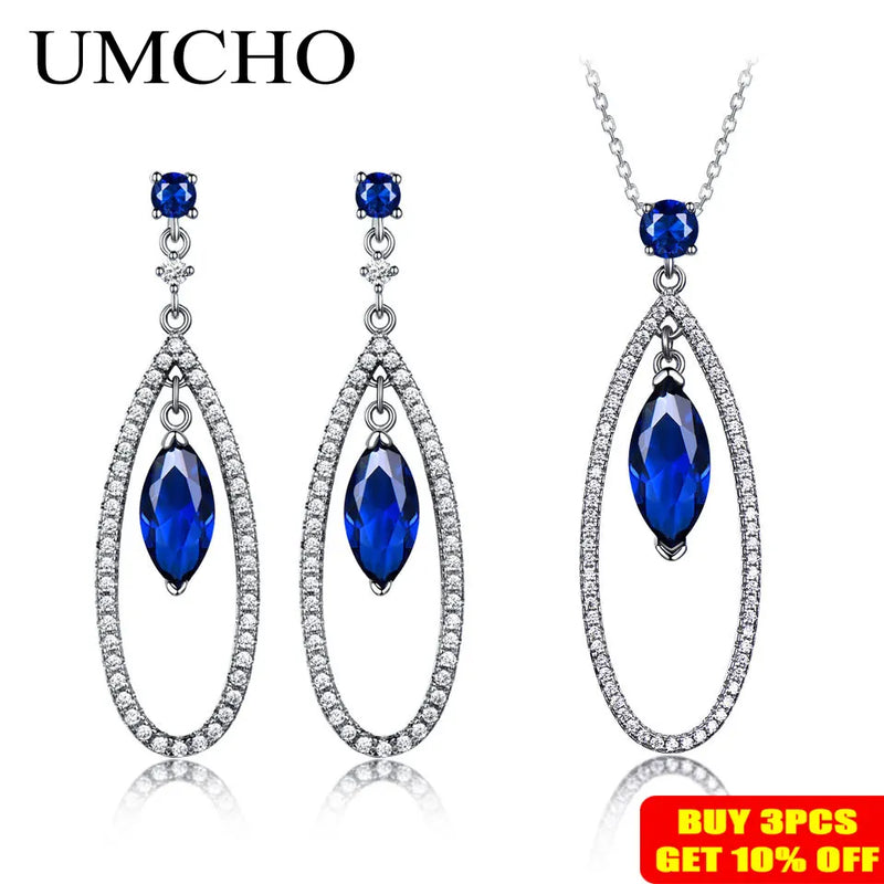 Sterling Silver Blue Sapphire Pendant and Drop Earrings Set for Women