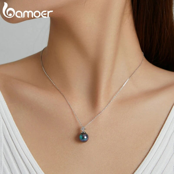 925 Sterling Silver Black Pearl Charm Necklace with Zircon for Women