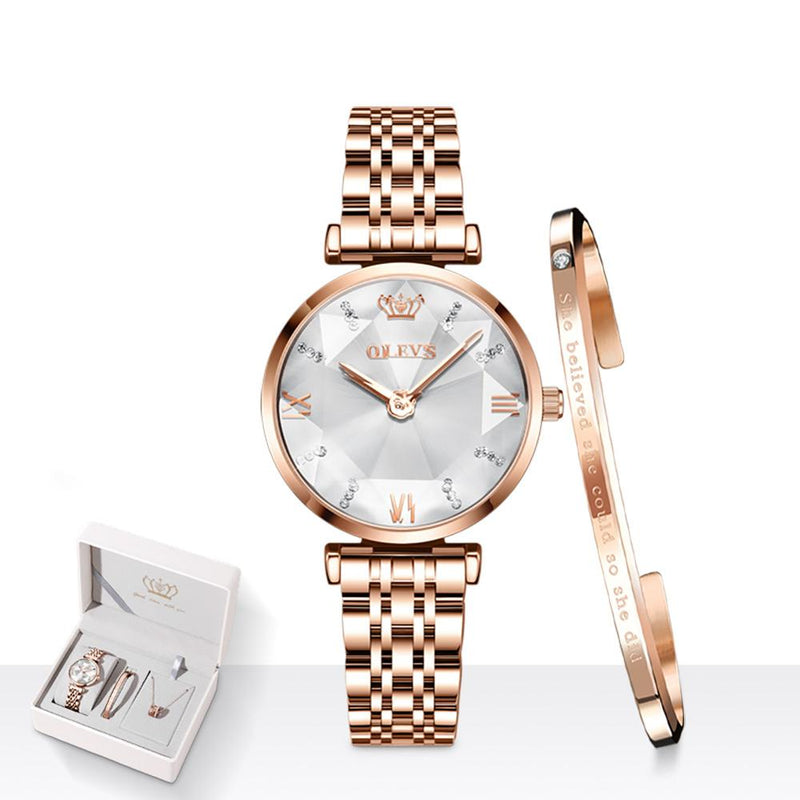 Stainless Steel Crystal Quartz Date Watch for Women