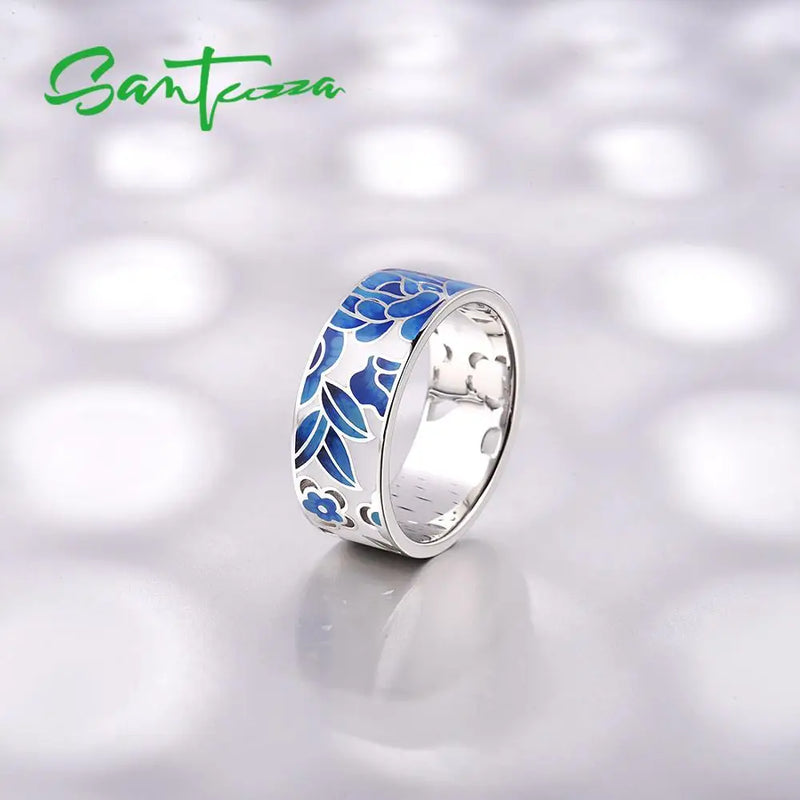 Sterling Silver Blue Flower Enamel Rings for Women