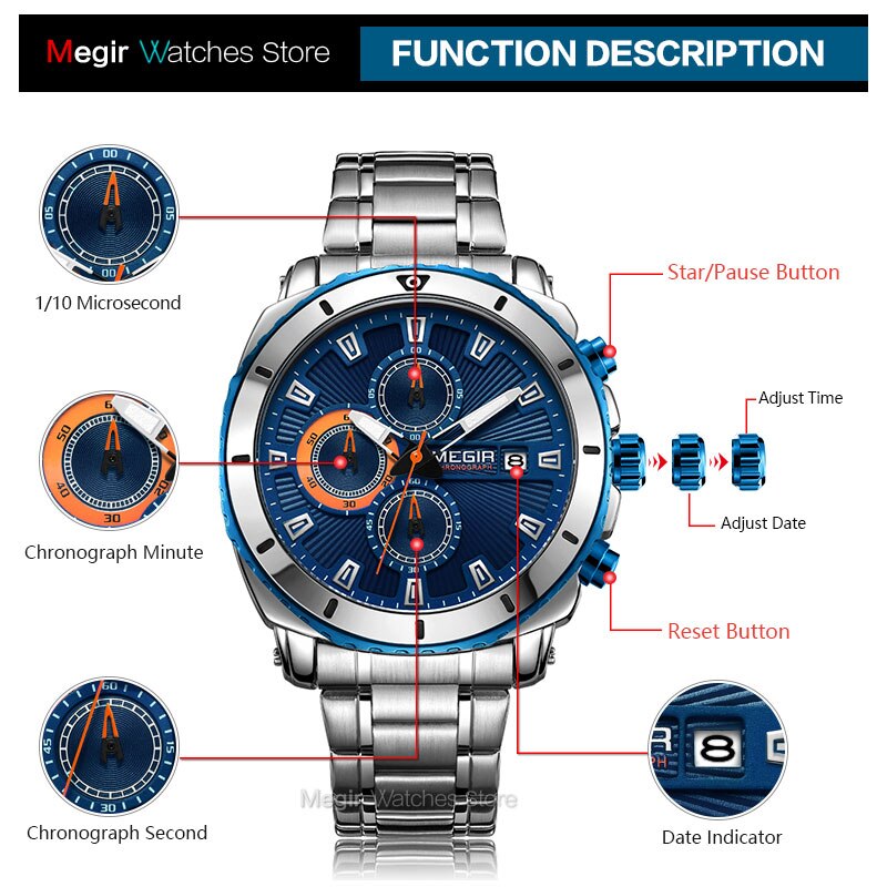 Stainless Steel Blue Chronograph Watch for Men