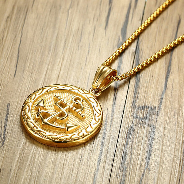 Stainless Steel Round Anchor Pendant Necklace for Men