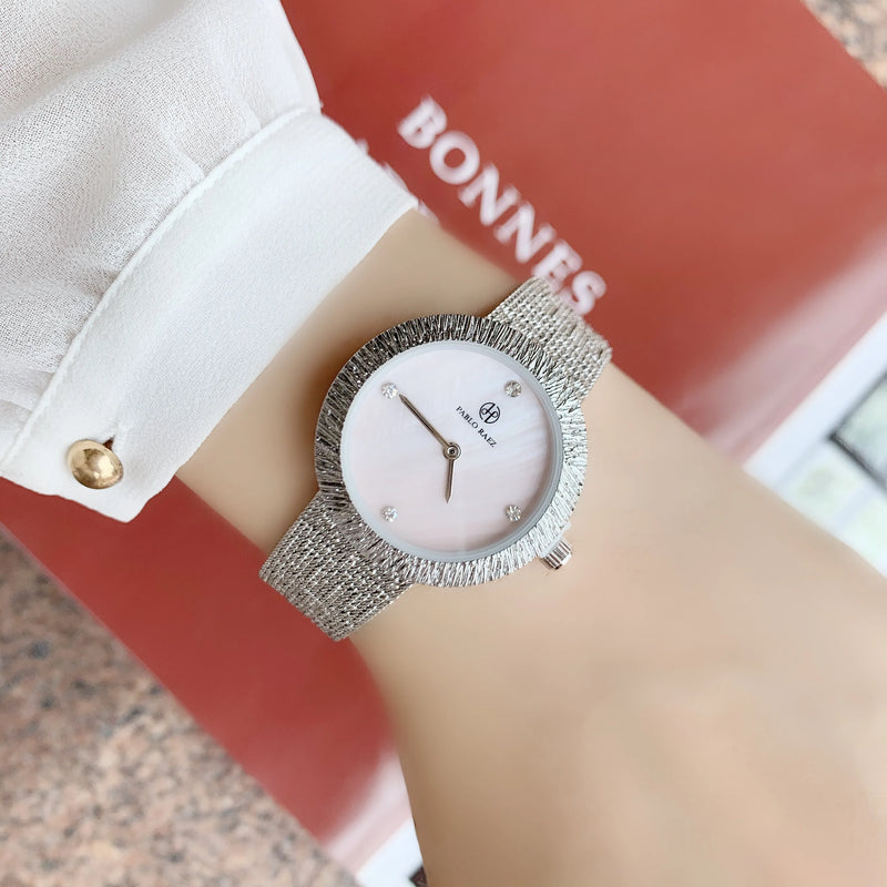 Women's Green Textured Watch with Silver Mesh Band and Japan Movement - Fashionable, Casual Style, High Quality.