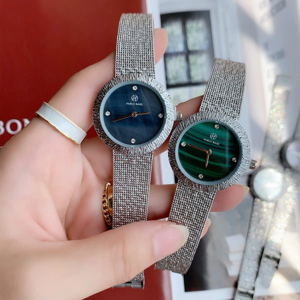 Women's Green Textured Watch with Silver Mesh Band and Japan Movement - Fashionable, Casual Style, High Quality.