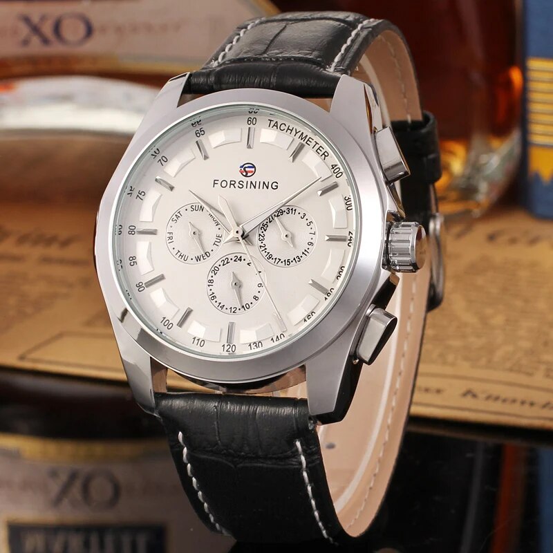 Stainless Steel Leather Band Automatic Wristwatch with Three Dials Date and Day Calendar for Men