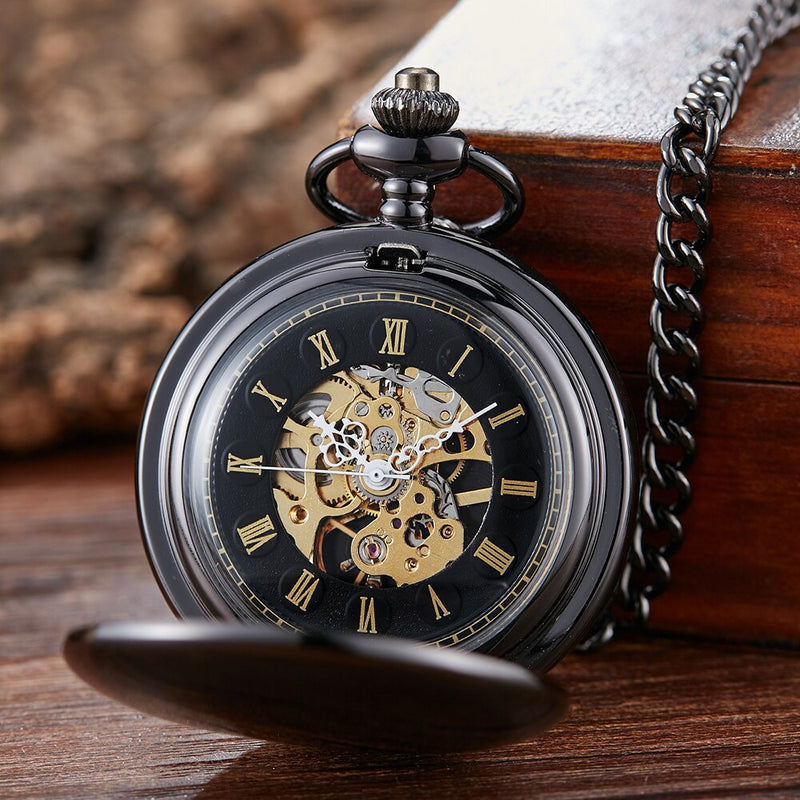 Silver Pocket Watch with Black Enamel Roman Numerals Dial for Men