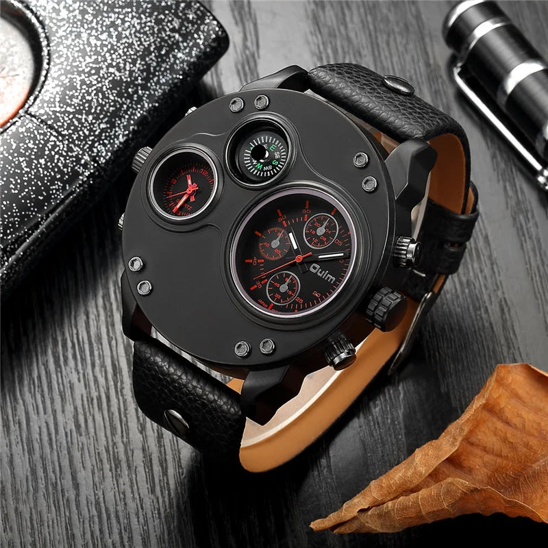 Luxury Sport Wrist Watch with Multiple Time Zones & Genuine Leather Band