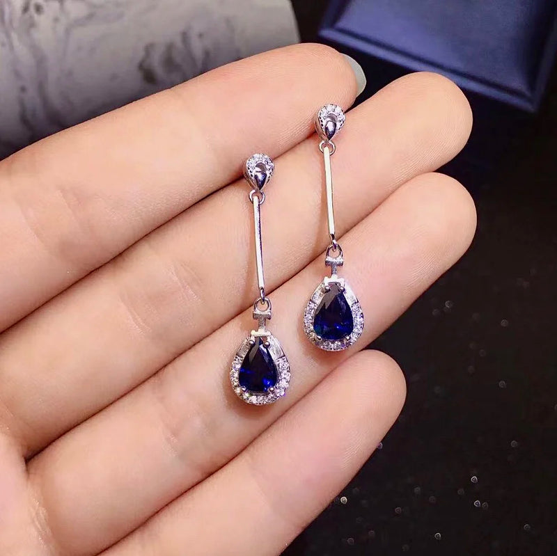 925 Sterling Silver Natural Sapphire Drop Earrings.