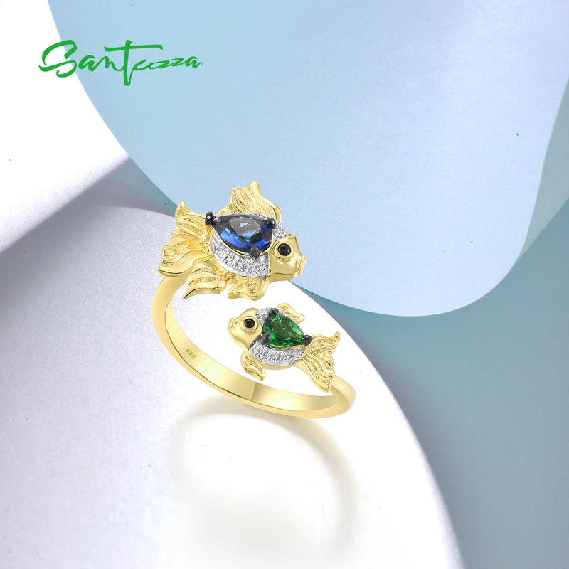 925 Sterling Silver Sparkling Blue Green Stones White CZ Fish Ring for Women